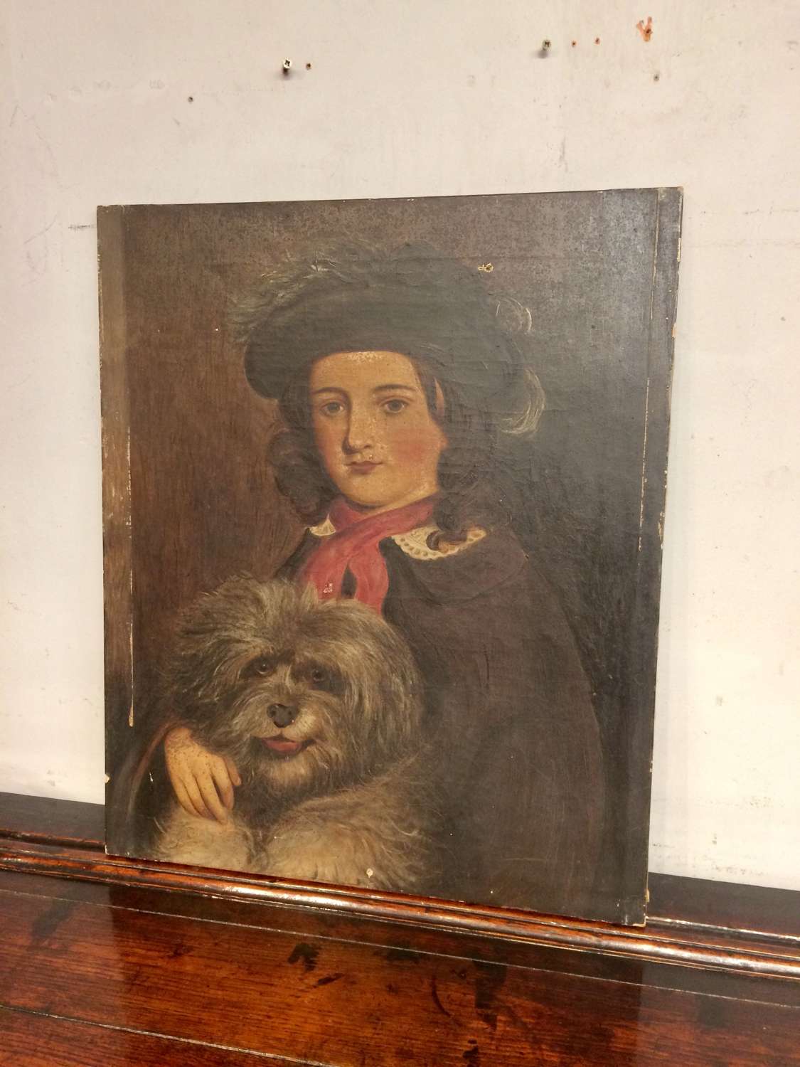 Victorian oil painting on canvas of girl with dog.