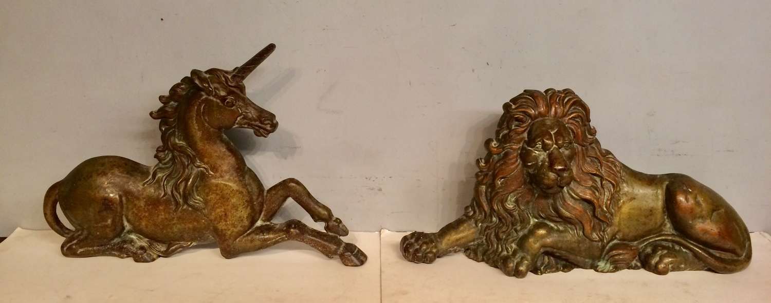 Pair of  large 18th century cast figures of a lion and unicorn.