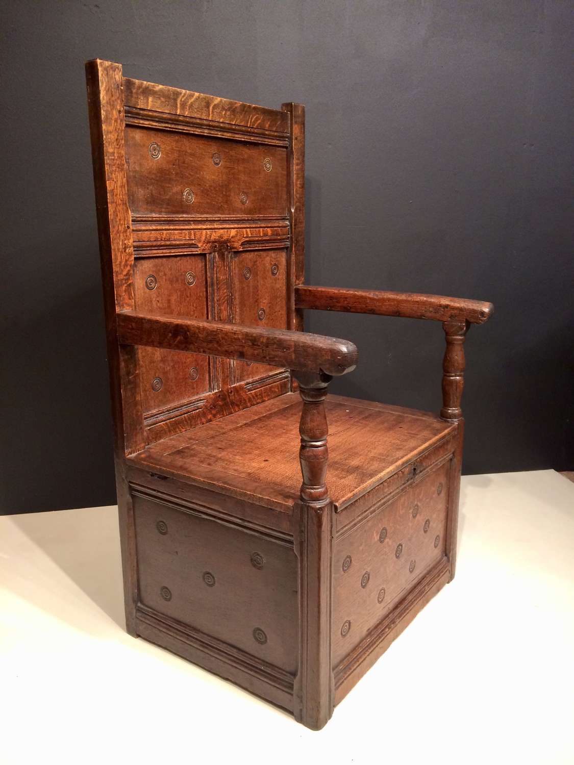 17th century carved oak box seat armchair.