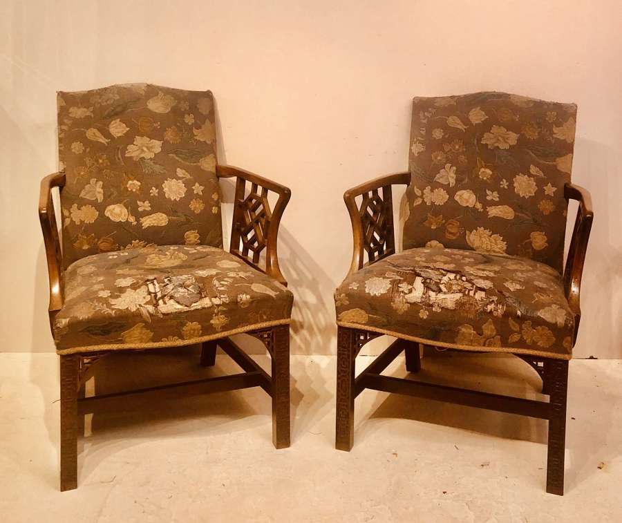 Pair of Chinese Chippendale style library chairs.