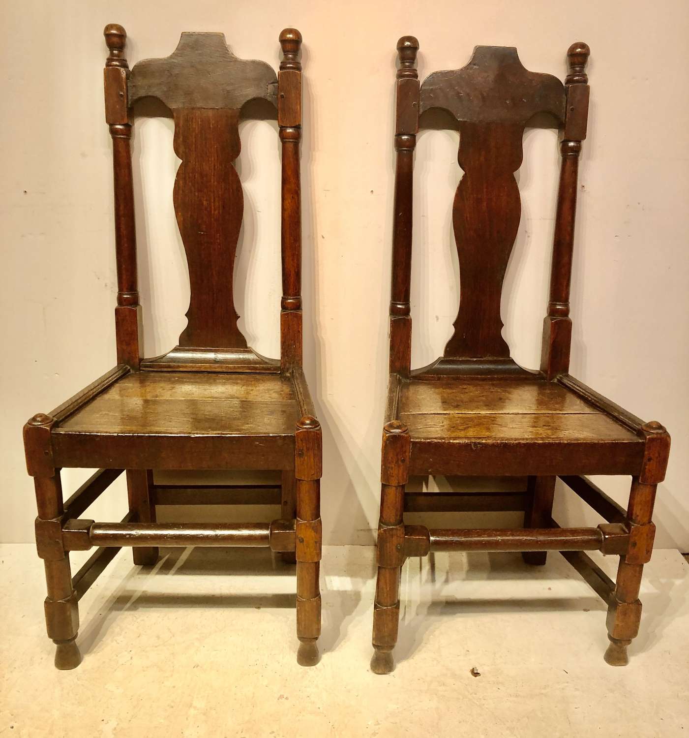 Pair of Queen Anne oak and walnut side chairs.