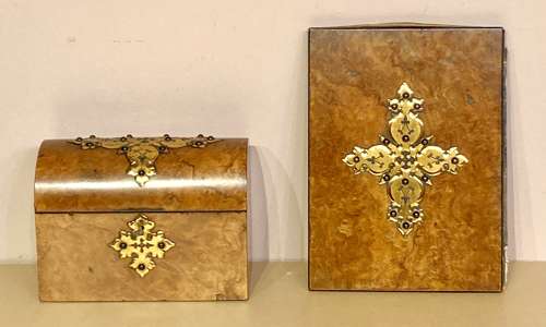 Victorian burr walnut desk set.