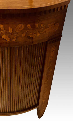 Antique Dutch marquetry demi lune side cabinet.