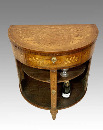 Antique Dutch marquetry demi lune side cabinet.