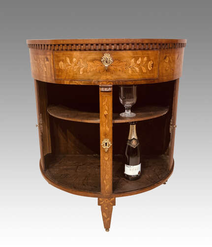 Antique Dutch marquetry demi lune side cabinet.