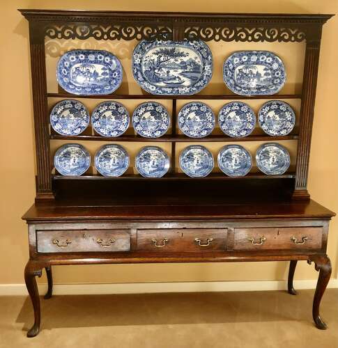 Geo II Welsh oak cabriole leg dresser and shelves.