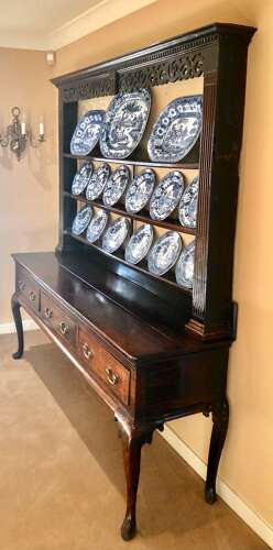 Geo II Welsh oak cabriole leg dresser and shelves.