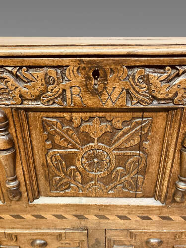 Charles II carved oak mule chest.