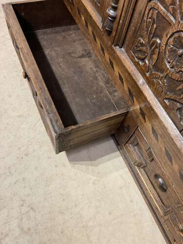 Charles II carved oak mule chest.