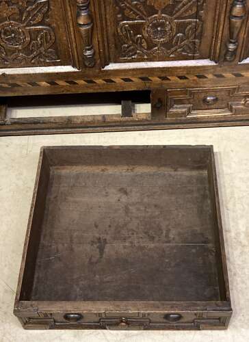 Charles II carved oak mule chest.