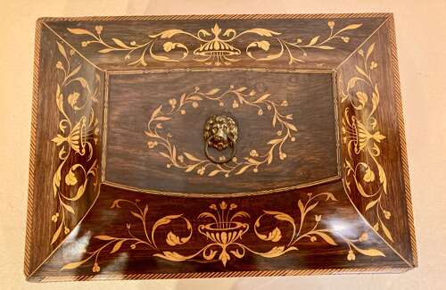 Antique rosewood and marquetry jewellery box.