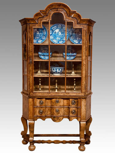 Small Antique burr walnut cabinet on stand.