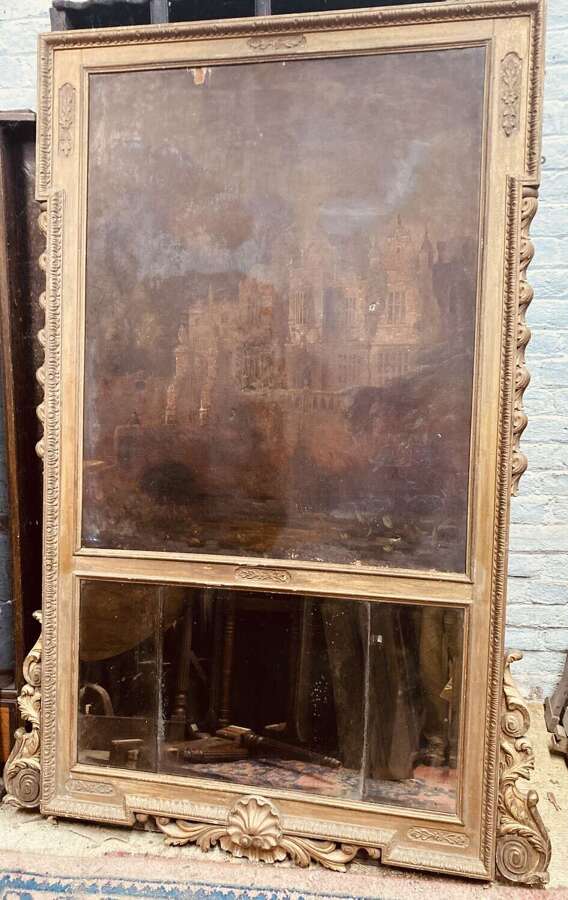 18th century antique giltwood trumeau mirror.