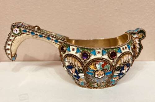 Russian silver gilt and enamel kovsch.