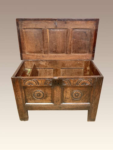 Small Charles 1 carved oak coffer.