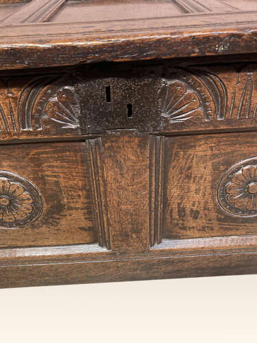 Small Charles 1 carved oak coffer.