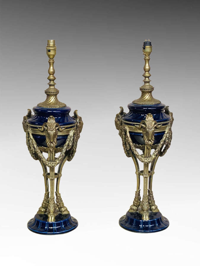 Tall pair of blue glazed and ormolu table lamps.