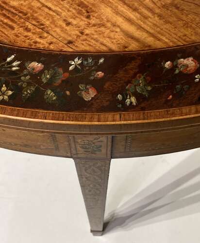 Georgian painted satinwood demi lune card table.