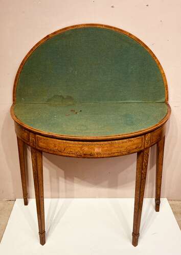 Georgian painted satinwood demi lune card table.