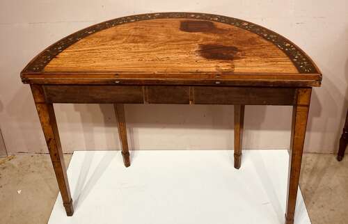 Georgian painted satinwood demi lune card table.